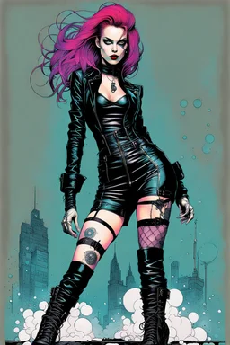 Create and fine print full body illustration of an epic fantasy Gothpunk Girl , with finely lined and detailed facial features, in a ragged leather dress, fishnet stockings ,battered combat boots, in the style of Bill Sienkiewicz, Philippe Druillet, and Jean Giraud Moebius, precisely drawn, colored and inked