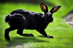 Cybernetically enhanced black rabbit. Photograph.