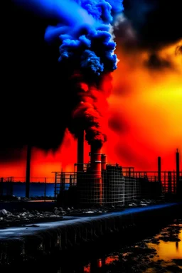 Emissions, factory emissions of colored toxic smoke, CO2 gas, global warming, drought, high temperature heat waves, violent storms,Explosive colors in life, colors of red, orange and black, contrasting colors with blue.