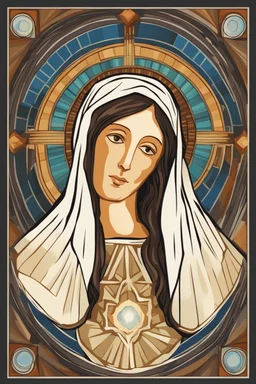 A stylized portrait drawing of colored tiles of Mary the mother of Jesus with long hair, wearing a white veil and surrounded by a geometric halo of rays of light against a dark background