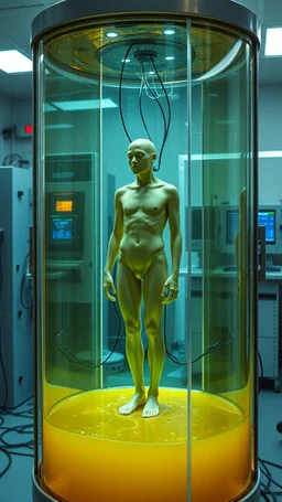 Sleeper in tube cabinet made of glass filled with honey coloured liquid , in a laboratory inside it a human body standing vertically , connected with wires and electrical wires , the human standing in side, a high tech equipment in the background ,4K, cinematic, high resolution