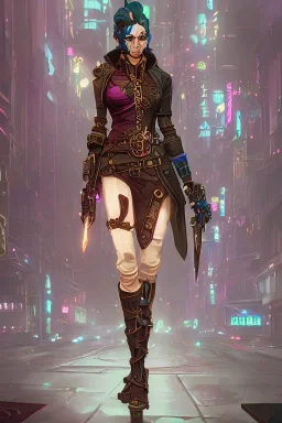 beautiful steampunk elf in a neon dystopian city