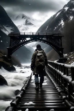 Amidst the rain-kissed mountains, a lone traveler embarks on a soggy journey, shouldering a bag and clutching a camera as his trusted companion. Every step is poetry in motion, capturing the essence of the mystical landscape. A colossal bridge, veiled in a pristine coat of snow, stands as a bewitching testament to nature's icy embrace. The scene, meticulously framed, imparts a cinematic allure, as if frozen in time, resonating with the traveler's soul and kindling a desire for untold adventures.