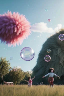 Ultra realistic circus scene. Sweet big hair monster flying. Child’s playing. one strong man, smile. happy, color bubbles, smooth color, waist up view, Wes Anderson style, a lot of people background, highly detailed, concept art, unreal engine 5, god rays, ray tracing, RTX, lumen lighting, ultra detail, volumetric lighting, 3d, finely drawn, high definition, high resolution.