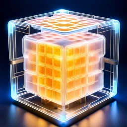 a futuristic translucent neurocube, inside the cube there are partitions made of honeycomb plates