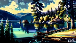 Couer D Alene lake drawn in rpg painterly art style