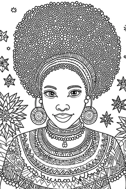 Coloring page, black outline, afro girl, christmas