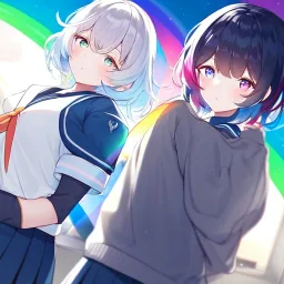 Clear focus,High resolution, Black and Rainbow short fluffy hair, and rainbow eyes, wearing a sailor uniform, must wear a short skirt with a horizontal line, you can only see her from the back, putting on sweater midway