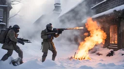 British WORLD WAR ONE soldier firing a flamethrower at a alien robot creature, the soldier is firing his rifle at the alien, whose uniform is on fire, a snowy london street 1898, the snow, SNOW ON THE GROUND, BURNING DEBRI LIES ALL AROUND, PHOTO REALISTIC, EPIC, CINEMATIC