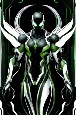 Cyborg symbiote, white color, green color, tendrils, high tech, cyberpunk, biopunk, membrane wings, carbon fiber, cyber tentacles, and the other two.