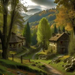 A serene and remote village surrounded by towering trees, where the scent of pine and the soothing rustle of leaves provide the backdrop for a charming, tranquil life