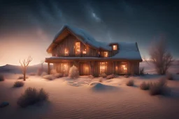 a huge big house made of wood, in the middle of extreme cold desert. The house is comfy, warm, and peacefull. Add firelights, warm lamps, christmass trees, and beautiful night sky, Surreal style, dreamy