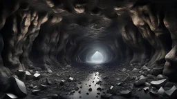 landscape of cavern filled with tiny broken pieces of obsidian glass and broken dry bones, highly detailed, realistic, photorealism, symmetrical, soft lighting, detailed face, intricate details, HDR, beautifully shot, hyperrealistic, sharp focus, 64 megapixels, perfect composition, high contrast, cinematic, atmospheric, moody