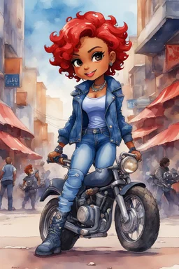 watercolor illustration of the chibi cartoon character, a voluptuous black female in a blue jean outfit with biker boots. Her prominent makeup and hazel eyes, along with her detailed red pixie haircut, are featured in this image, set against the background of a lively bike show.