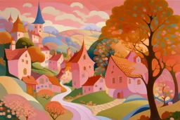 A pale pink village with a magic show painted by Paul Ranson