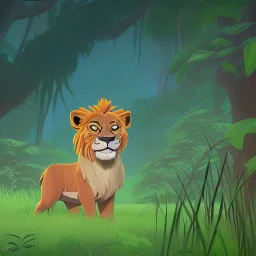 picture for children's book showing a cute lion behind tall grass in the jungle