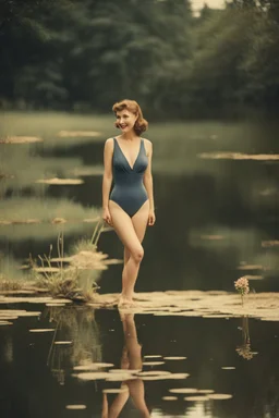 [vintage] A woman in swimsuit around a pond