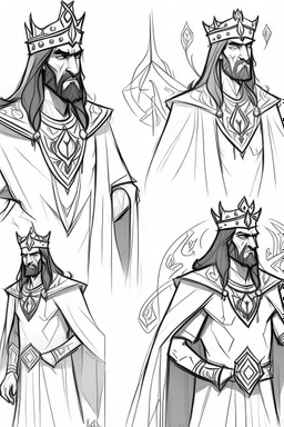 "Draw concepts for an comice character, a king, with medium-length hair apove his shoulders .. sharp, intimidating, and cold features, wearing Arabian clothing with a crown