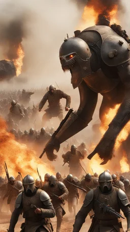 A front view of War of crusaders showing thousands of solders are running away from a distance toward the camera with scary faces and fear from one giant creature behind them, in the background fires and dead’s and big fights on the ground