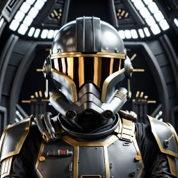 star wars bald male corellian pilot wearing gunmetal grey and black First Order special forces TIE pilot armored flightsuit and helmet with gold trim inside the jedi temple, centered head and shoulders portrait, hyperdetailed, dynamic lighting, hyperdetailed background, 8k resolution, volumetric lighting, light skin, fully symmetric details