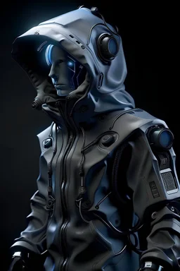 Hyper-detailed photography, A revolutionary cyborg robot is modelling a windbreaker jacket, full body visible, focus on the high-end material, limited edition, matte finish, puffed up air pockets, cinematic effect ,smart focus, 12k
