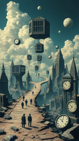 A surreal dystopian world where the sky is filled with floating geometric prisons, roads twist into impossible shapes, faceless humanoid figures roam in silence, clocks melt on broken structures — inspired by Dali, dark surrealism, eerie atmosphere
