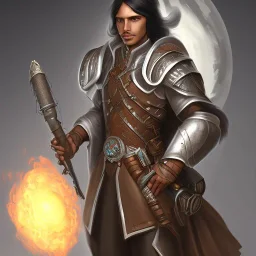 D&D character, male, long black hair, dark tan skin, artificer, holding gun, light armor, chain armor