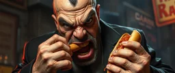mean looking mafia thug with eating a two hot dogs while fighting on the style of giger