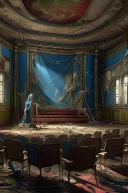 Bosch nightmares paint inf style an abandoned theater stage with roped curtains and damaged chairs ,insanely detailed octane render trending on artstation, 8k artistic photography, photorealistic concept art, soft natural volumetric cinematic perfect light, chiaroscuro, award-winning photograph, masterpiece, oil on canvas, Raphael, Caravaggio, Greg Rutkowski, people, beksinski, Giger