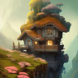 Chalet on bridges between chasm mountains cliff+detailed facades+beautiful,richly detailed houses,trees,ornamental flowers +uphill road+biopunk+Book illustration by Gediminas Pranckevičius, Jean Baptiste Monge, Brian Kesinger, Anton fadeev, strong lines, high contrast vibrant colors, highly detailed, 16k resolution