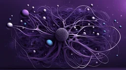 abstract 2d digital art graphic and ink montage,. galaxy in background with nebulas, pale silver gray human nervous system with fade little lights , dark purple, white-dark blue-pale gray and black colors, stunning composition with strange surreal vibe, emotional, abstractions, neurodivergens soul and mind, cinematic, thriller, four little human dark shilouette floatings in universum