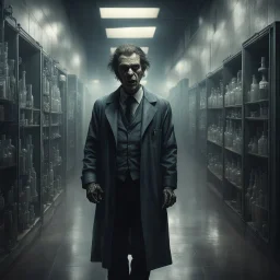 Hyper Realistic Dr Jaykill Mr. Hyde in a huge hallway of a dark chemical laboratory at night