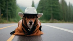 french canadian standing on a hat that is laying on the road