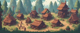 tribal giant village with hunters, pixel art 2d