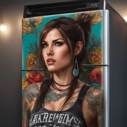 Picture of a photrealistic, lifelike,young 33 year old extreme chubby extreme tatood extreme fridge raider Lara croft style with punker