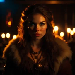 portrait of a beautiful female barbarian, middle aged, long messy brown hair, warm eyes, dressed in a revealing fur armor, standing in a tavern, realistic, dim candle lighting, war paint, wrinkles, sexy, cinematic lighting, highly detailed face, very high resolution