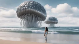 Wide-angle shot of a woman, standing to one side on a beach with huge waves, with dark hair in a silver robotic catsuit, many large jellyfish shaped like mushrooms with tentacles floating in the air, masterpiece, best quality, super detailed