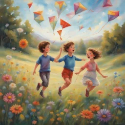 by Laurel Birch, Enthusiastic adorable Boy and girl flying kites in a grassy meadow, kinetic, wildflowers, perfect composition, vivid colors, artistic patterns, gorgeous, subtleties beneath the surface, detailed background, moody