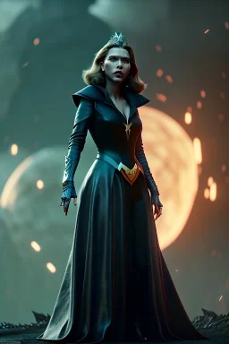 Scarlett Johansson as evil queen in black leather gown, cleavage, angry, stern look, unreal 5, octane render,cinema4d, dynamic lighting, dramatic lighting, 4k, redshift render, highly detailed, hyper realistic