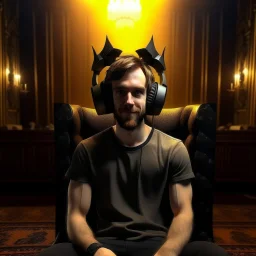 a guy king wearing headphones sitting on a throne in hell