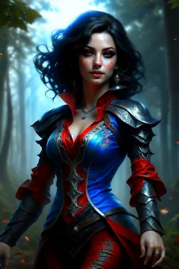 create an adult female air genasi from dungeons and dragons, black medium hair, light blue eyes, blue skin, wavy hair, wearing red leather clothing, full body, digital painting, high resolution, forest background, a bit zoomed out