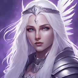 Generate a dungeons and dragons character portrait of a beautiful female paladin aasimar blessed by the goddess Selune. She has long white hair. She has purple eyes. She has some white feathers in the lower part of her long hair. She has a youthful and rounder face. She is in a camp that's lit by moonlight.
