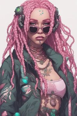 entire body mermaid cyberpunk some fish scales on face pink hair dreadlock sunglasses gem in front