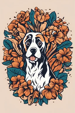 High quality Logo for a store specializing in home-roasted coffee beans using a dog illustration, New York, cool, hands down, nice, a lot of floral decoration, dynamism, high contrast,colorful