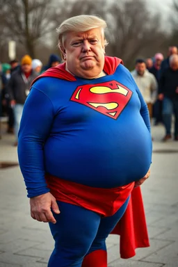 a thoroughly confused, elderly and morbidly obese donald trump standing dressed as superman