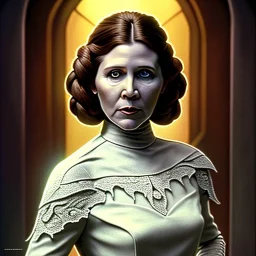 half-length portrait, three-quarter face pose, carrie fisher as princess leia, entrancing deep brown eyes, lace dress, high-quality, fine-detail, intricate, digital art, volumetric lighting, dynamic lighting, illustration, 3D octane render, brian froud, howard lyon, selina french, anna dittmann, annie stokes, lisa parker, greg rutowski,