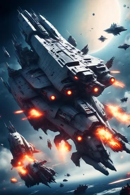 futuristic 4 space battleship fighting in brutal battlefield with 4 alien space battleship