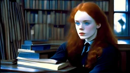 beautiful goth natural redhead with blue eyes, in the 80s high school, studying in the library. Looks like young Ellen Page. Full Body. Skinny hourglass bodyshape. Without bangs. Straight Hair.