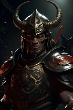 the ultimate dual wielder in dungeons and dragons, unending inner conflict of good and evil is visible in his character design and wearing asian inspired plate armor with a helmet that has a demon mask built into it. hyperrealistic, photorealism, illustration, art, digital art, 4k artwork,