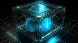 Cube tesseract from movie Loki, located strictly in the middle of picture with space around it and with glow in tesseract, but without glow below it, without background or table.